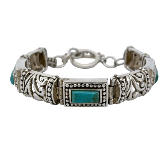 Vintage Sterling Silver 925 Scrollwork Blue Magnesite Link Bracelet 7.25" - Picture 1 of 7